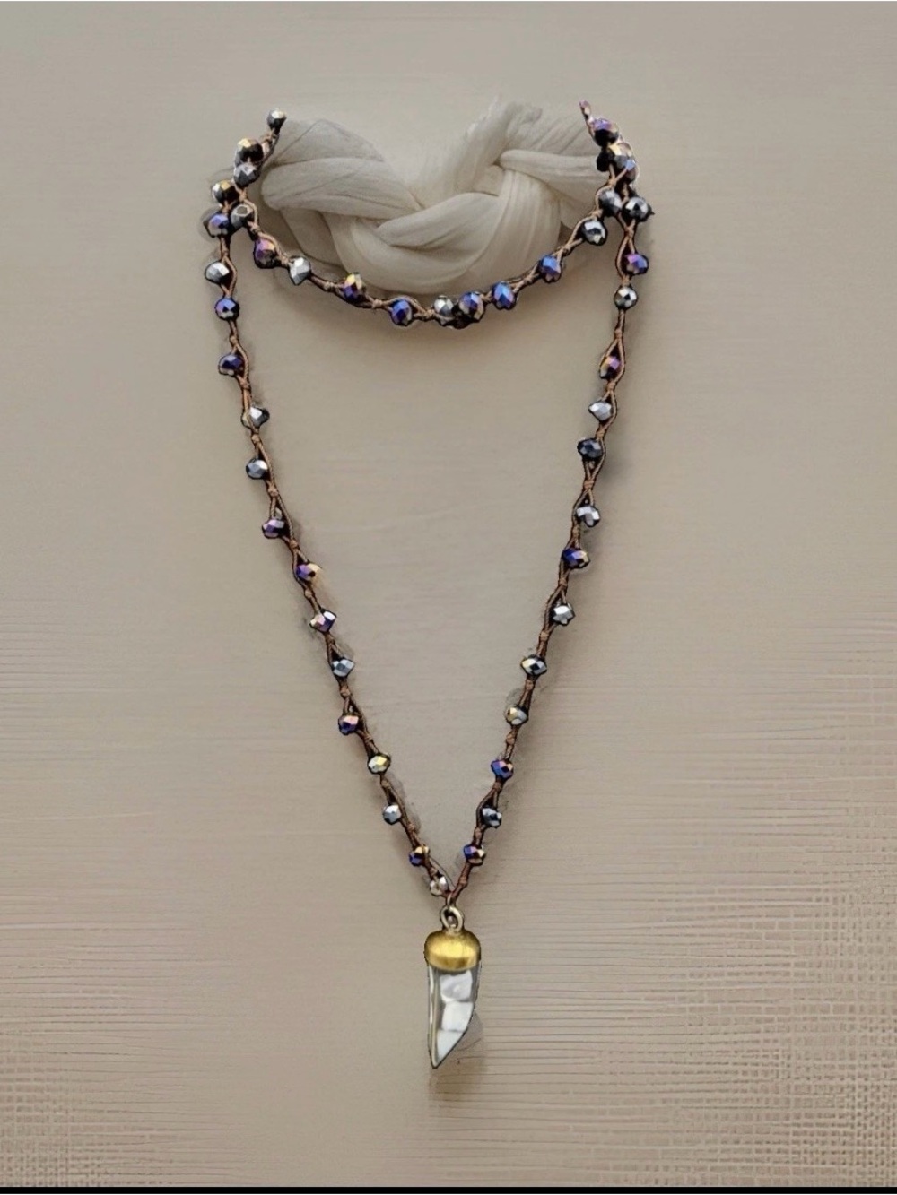 Unbranded Beaded Necklace 36” Purple Crystal Glass Pendant Brown Cord